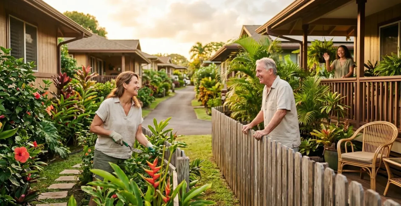Scène paisible d'un quartier résidentiel tropical au crépuscule