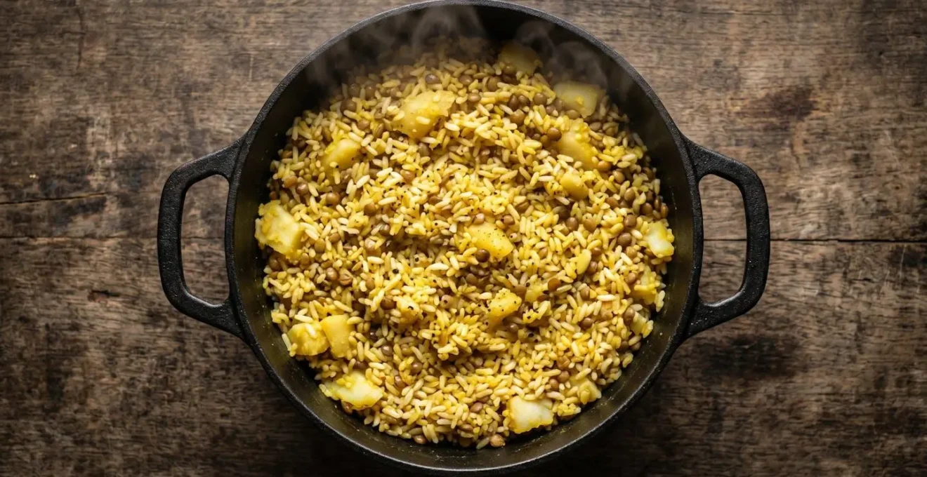 Vue aérienne d'une marmite contenant le zembrocal traditionnel avec riz, lentilles et manioc mélangés